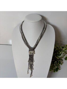 Vera Wang Silver Tone Multi-Strand Necklace Faux Pearl Tassel Pendant